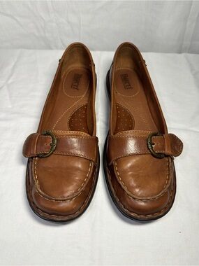 Born Tan Leather Buckle Loafers for Women